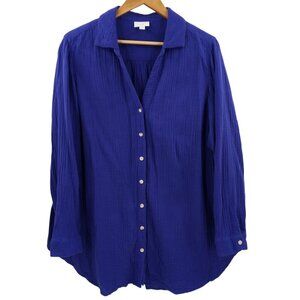 J Jill Long Sleeve Button Front Tunic Shirt Size XL Gauze Lagenlook Blue Collar